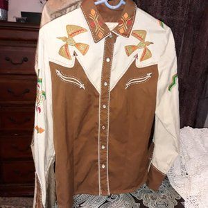 Tan/Brown Scully Embroidered Western Shirt Size Medium
